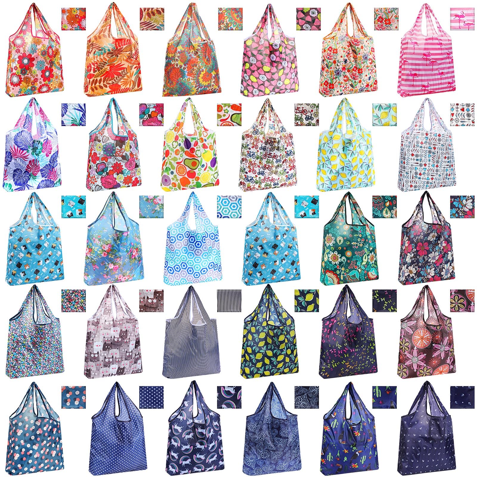 Shappy 30 Pcs Reusable Grocery Bags Christmas Foldable Shopping Totes Bags with Separated Zipper Storage Pouch Handles Lightweight Waterproof Reusable Bags Washable Cloth Grocery Bags (Floral Style)