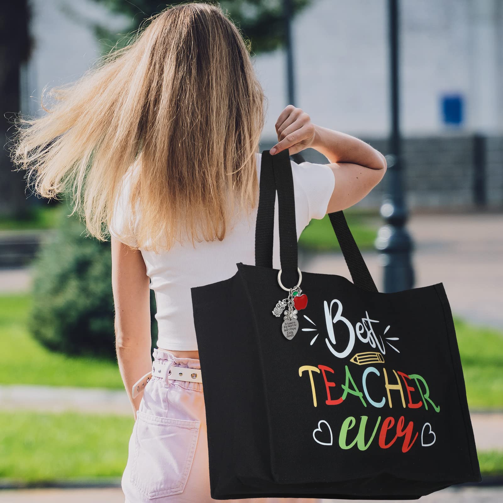 Sweetude Teacher Appreciation Gifts 16 x 12 x 5 Inch Teacher Totes Bag Canvas Teachers Bag with Teacher Keychain for Christmas Birthday Women Gift