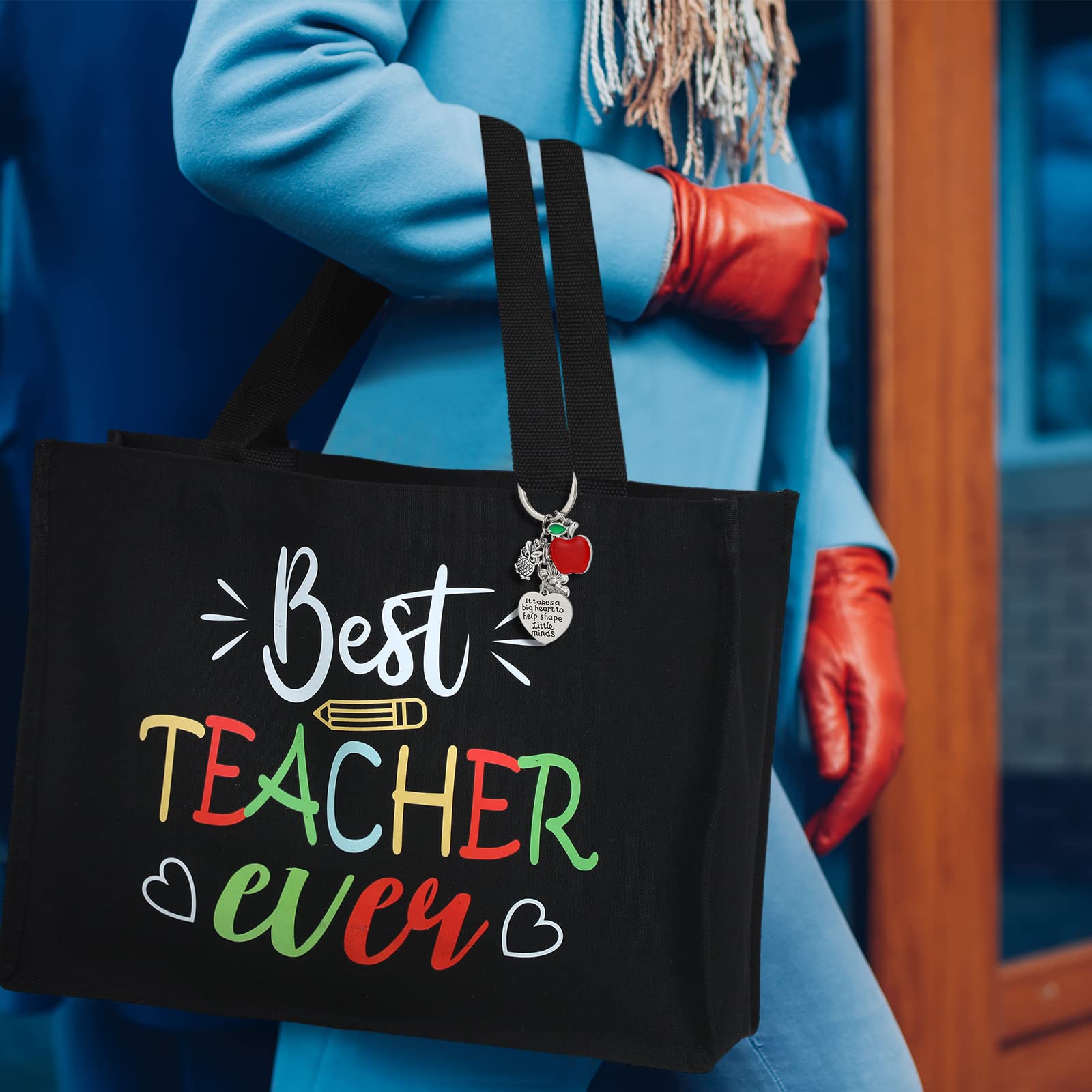 Sweetude Teacher Appreciation Gifts 16 x 12 x 5 Inch Teacher Totes Bag Canvas Teachers Bag with Teacher Keychain for Christmas Birthday Women Gift