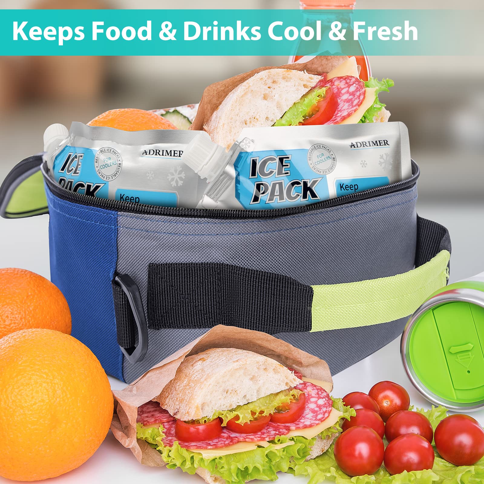 ADRIMER Ice Packs for Cooler, Ice Packs for Lunch Bags, Reusable Cooler Ice Packs, Long Lasting Cold Freezer Packs for Kid’s Lunch Box, Cooler Backpack