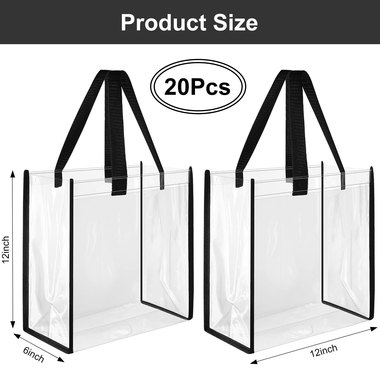 Saintrygo 20 Pack Clear Tote Bags 12 x 12 x 6, PVC Plastic Tote Bag With Handles for Work Beach Lunch Sports, Concerts (Black)