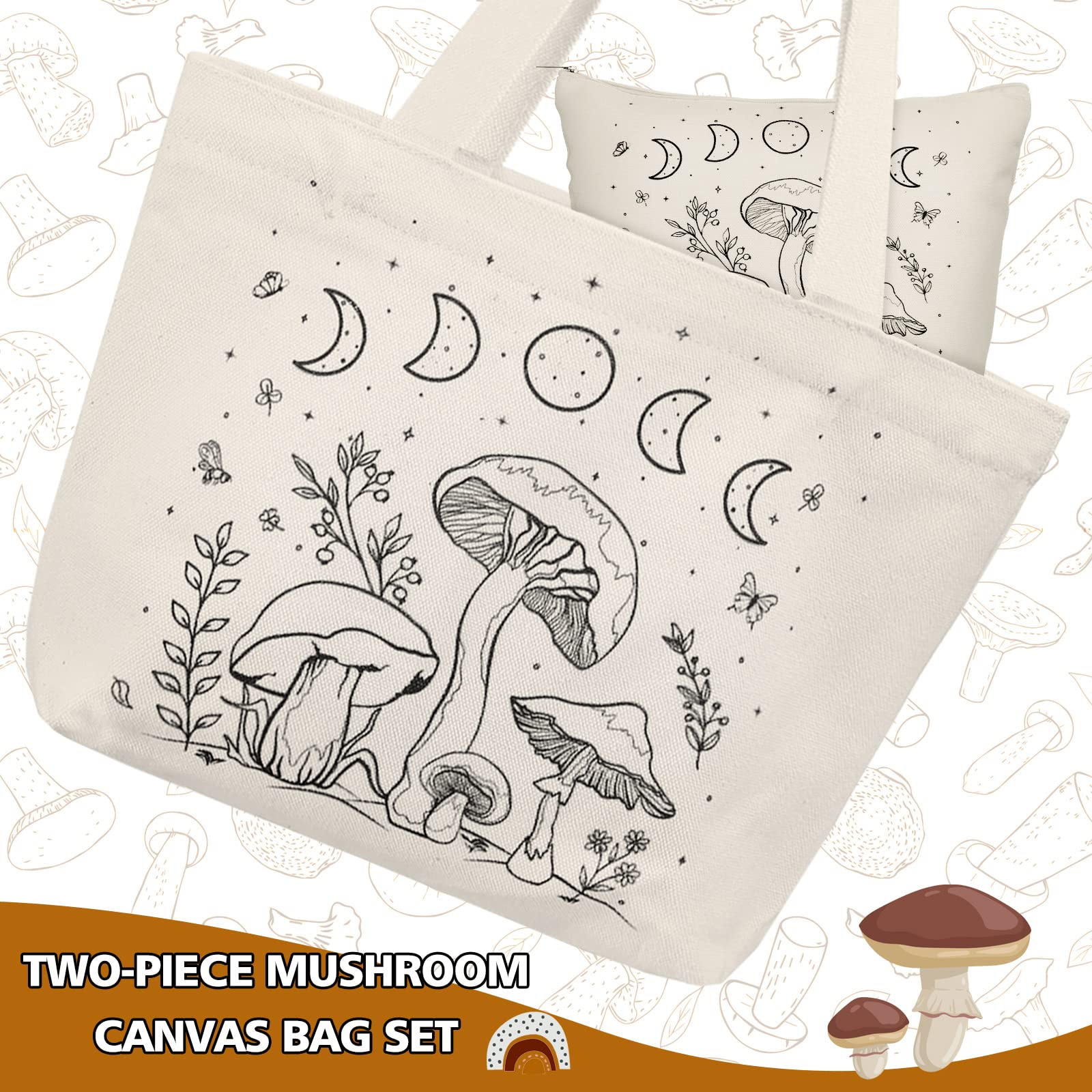 2 Pcs Aesthetic Tote Bag Cute Reusable Canvas Vintage Cosmetic Bag for Women Funny Makeup Bags Girls Gifts (Mushroom)