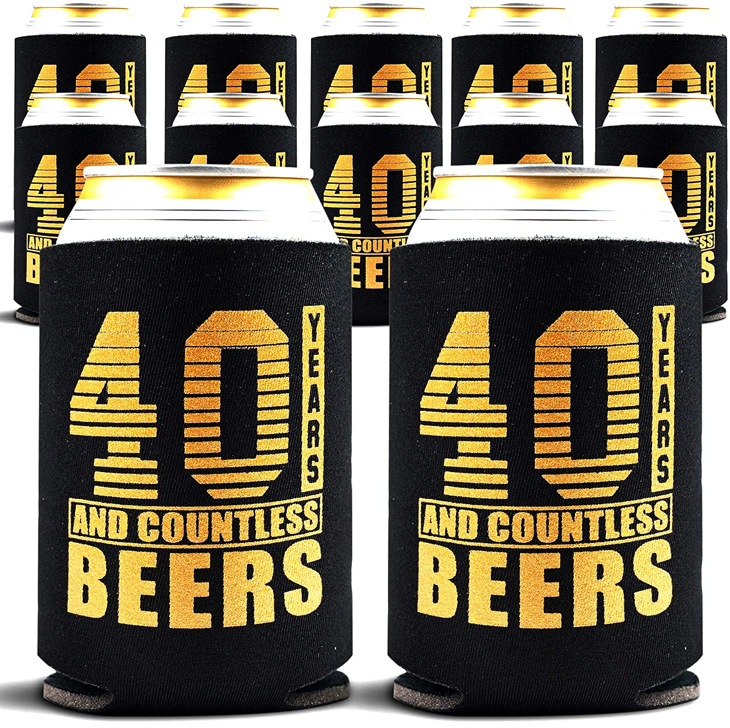 Happy 40th Birthday Insulated Can Cover 12 Pack - Birthday Favors for Men and Women - Printed on Both Sides Fits All Cans and Bottles - Thermocooler Beverage Sleeve - Black & Gold (Original, Regular)