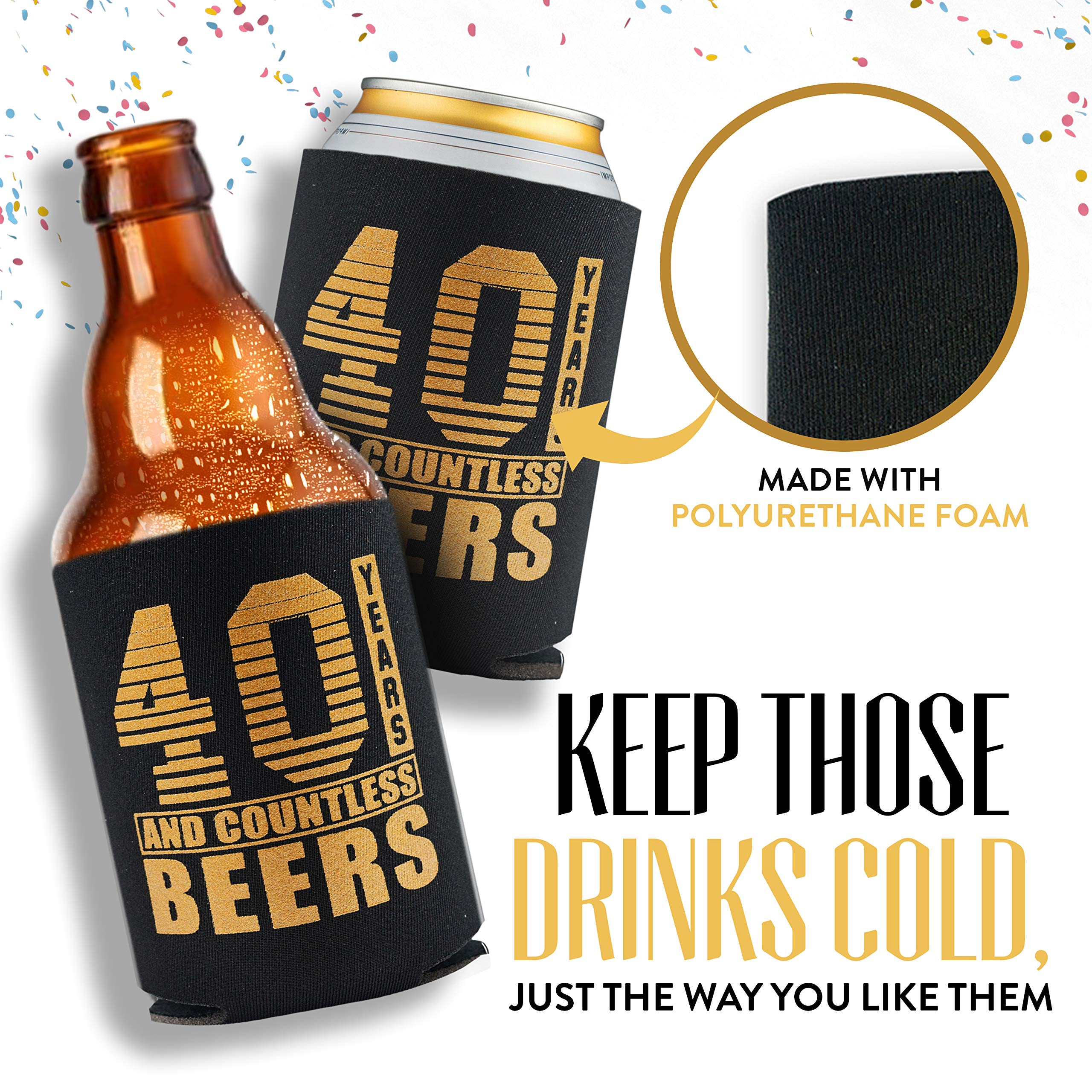 Happy 40th Birthday Insulated Can Cover 12 Pack - Birthday Favors for Men and Women - Printed on Both Sides Fits All Cans and Bottles - Thermocooler Beverage Sleeve - Black & Gold (Original, Regular)