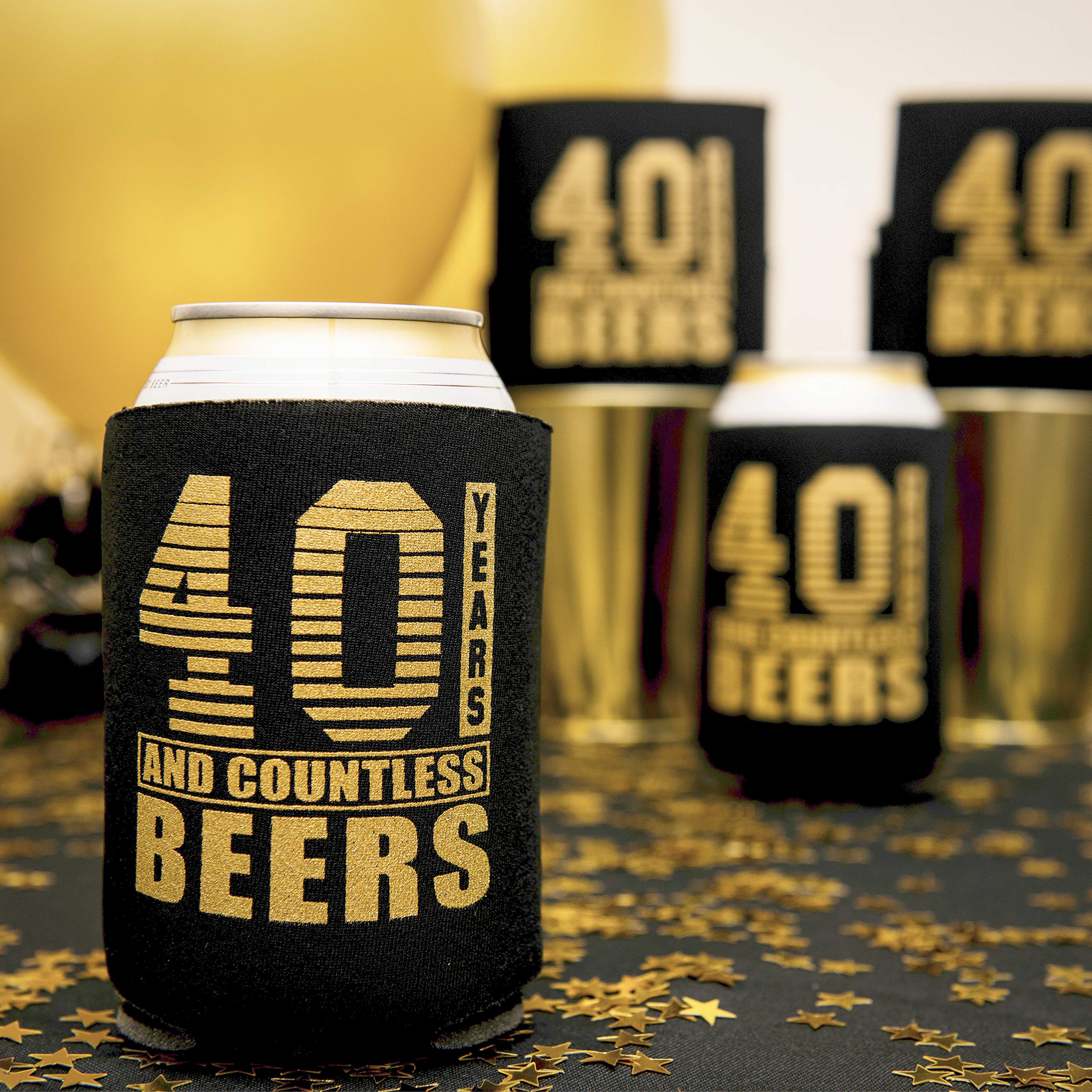 Happy 40th Birthday Insulated Can Cover 12 Pack - Birthday Favors for Men and Women - Printed on Both Sides Fits All Cans and Bottles - Thermocooler Beverage Sleeve - Black & Gold (Original, Regular)