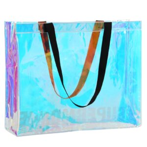 ''n/a'' holographic iridescent tote bag, clear tote bag for stadium, large fashion rainbow pvc handbag purses for beach, sports, work, travel, party