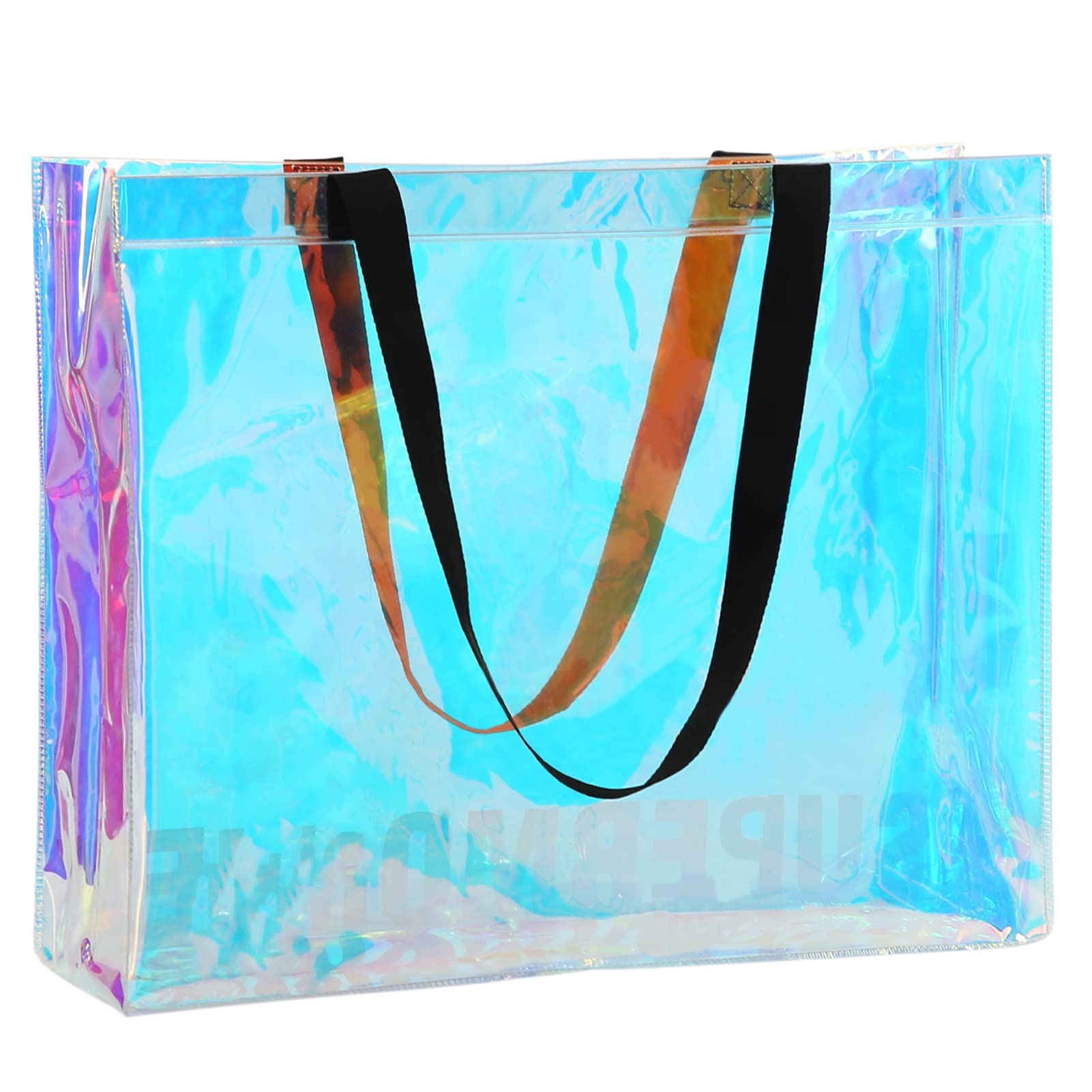 ''N/A'' Holographic Iridescent Tote Bag, Clear Tote Bag for Stadium, Large Fashion Rainbow PVC Handbag Purses for Beach, Sports, Work, Travel, Party