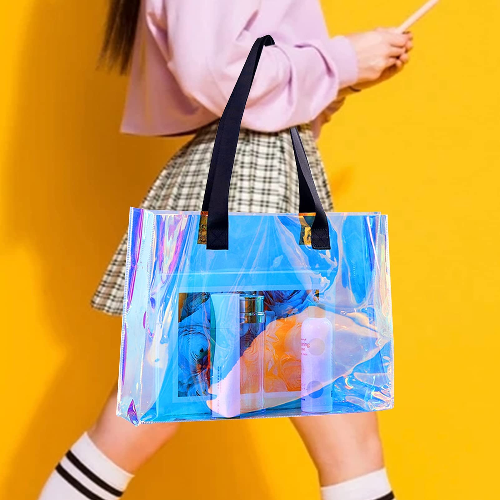 ''N/A'' Holographic Iridescent Tote Bag, Clear Tote Bag for Stadium, Large Fashion Rainbow PVC Handbag Purses for Beach, Sports, Work, Travel, Party