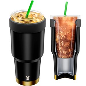 meoky double wall stainless steel iced coffee sleeve reusable, one size fits all coffee sleeve for starbucks, dunkin donuts, mcdonalds (16-24oz, midnight)