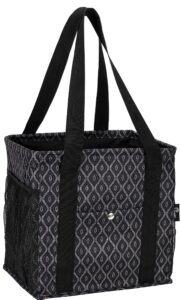 pursetti small utility tote bag for women with 4 exterior pockets - perfect as lunch tote, reusable grocery bags, shopping bags, work bag, teacher bag, and nurse bag (black trellis)