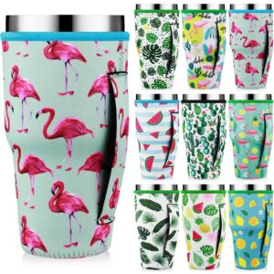 9 pcs iced coffee cup sleeve with handle reusable neoprene insulated sleeves 30 oz tumbler sleeve insulated drink sleeve cup cover holder tea cup sleeve for cold drinks hot beverages (flamingo)
