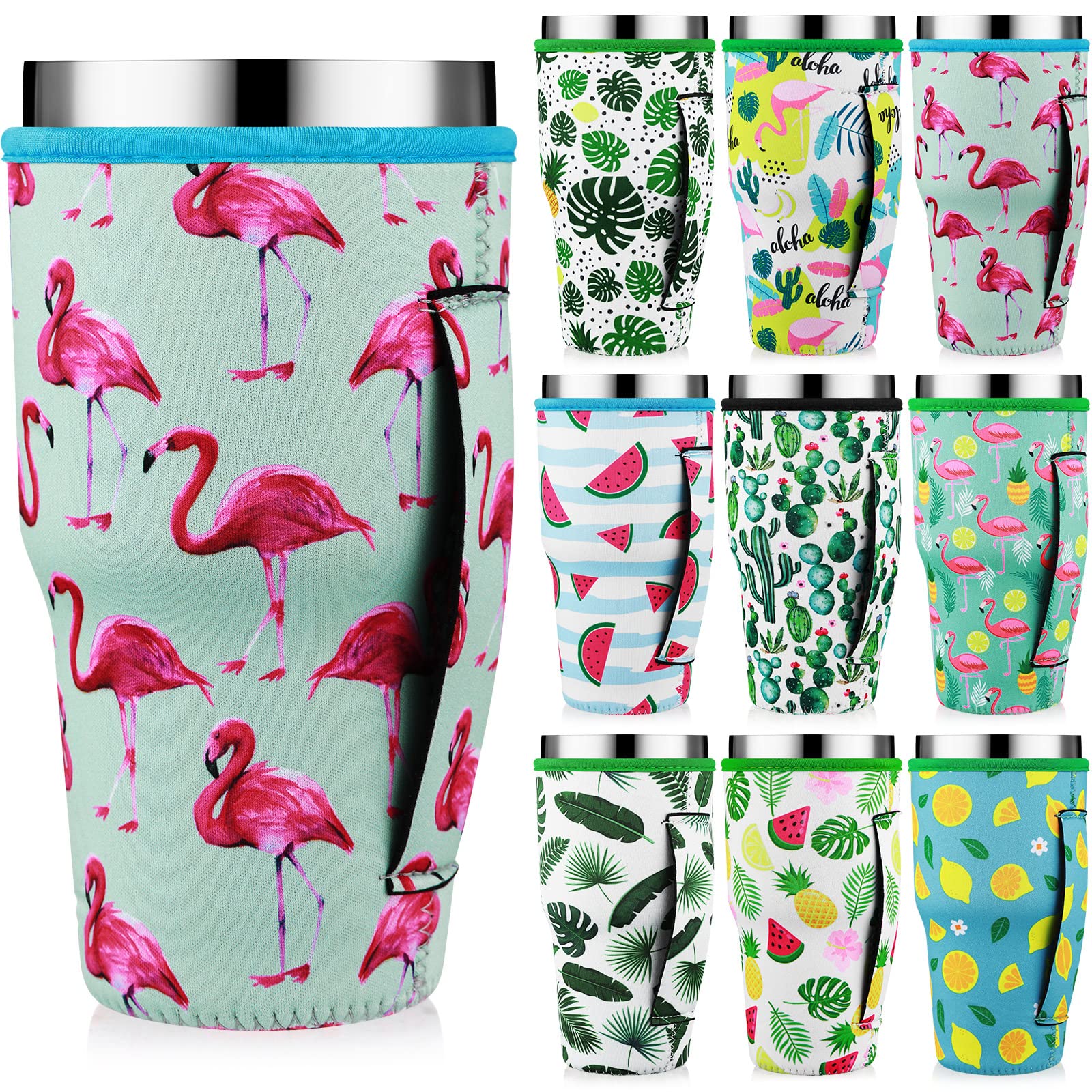 9 Pcs Iced Coffee Cup Sleeve with Handle Reusable Neoprene Insulated Sleeves 30 oz Tumbler Sleeve Insulated Drink Sleeve Cup Cover Holder Tea Cup Sleeve for Cold Drinks Hot Beverages (Flamingo)