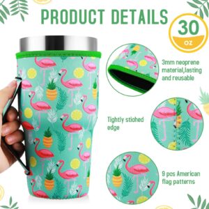 9 Pcs Iced Coffee Cup Sleeve with Handle Reusable Neoprene Insulated Sleeves 30 oz Tumbler Sleeve Insulated Drink Sleeve Cup Cover Holder Tea Cup Sleeve for Cold Drinks Hot Beverages (Flamingo)