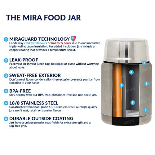 MIRA Thermos for Hot Food & Soup - 15 oz Insulated Food Jar with Foldable Spoon - Leak Proof Stainless Steel Thermal Storage Lunch Container, Canteen, Double Walled, Black