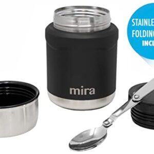 MIRA Thermos for Hot Food & Soup - 15 oz Insulated Food Jar with Foldable Spoon - Leak Proof Stainless Steel Thermal Storage Lunch Container, Canteen, Double Walled, Black