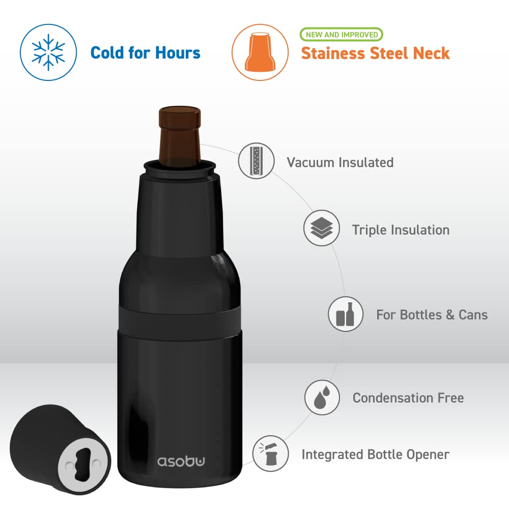 Asobu Frosty Beer 2.0 Fully Insulated Stainless Steel 12 Ounce Beer Bottle and Can Cooler with Beer Bottle Opener (Midnight Black)