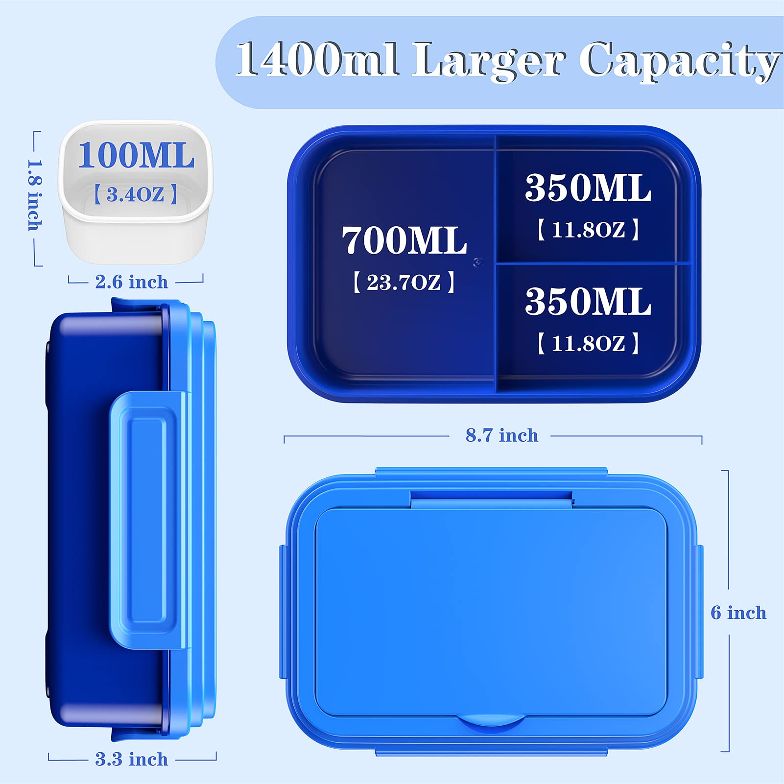 JSCARES Bento Box, Blue, 1400ML Capacity, Leak-Proof, Portable, Safe, Microwave, Freezer, Dishwasher