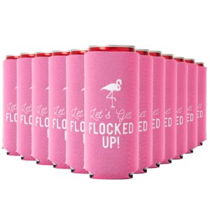 let's get flocked up!, set of 12 slim pink and white can coolers cups, flamingo can coolers perfect flamingo party supplies, bachelorette party, and bridal showers