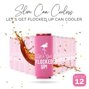 Let's Get Flocked UP!, Set of 12 Slim Pink and White Can Coolers Cups, Flamingo Can Coolers Perfect Flamingo Party Supplies, Bachelorette Party, and Bridal Showers