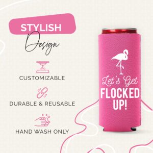 Let's Get Flocked UP!, Set of 12 Slim Pink and White Can Coolers Cups, Flamingo Can Coolers Perfect Flamingo Party Supplies, Bachelorette Party, and Bridal Showers