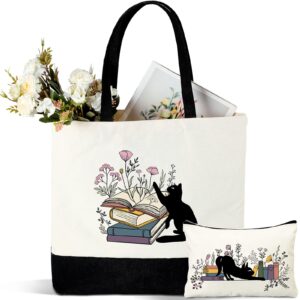cunno 2 pcs book lovers gifts set cat tote bags with makeup bag aesthetic floral bags for teacher appreciation gift set(cat)