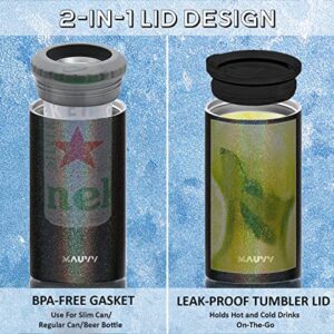 4 in 1 Insulated Slim Can Cooler with lid for 12 Oz Tall Skinny Can, Regular Can, Beer Bottle - Stainless Steel Double Walled Can Insulator Beer Coozy for Cans Koozie Coozies (Glitzy Black)
