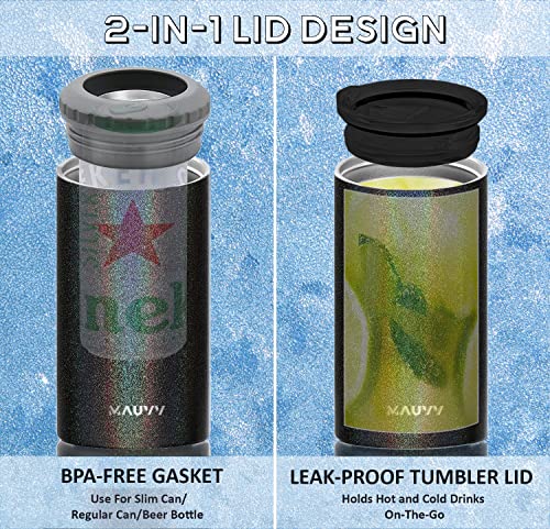 4 in 1 Insulated Slim Can Cooler with lid for 12 Oz Tall Skinny Can, Regular Can, Beer Bottle - Stainless Steel Double Walled Can Insulator Beer Coozy for Cans Koozie Coozies (Glitzy Black)