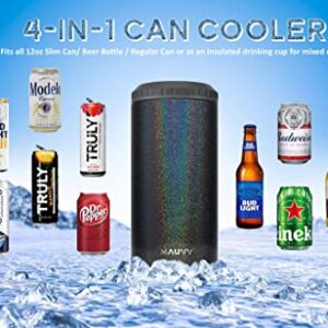 4 in 1 Insulated Slim Can Cooler with lid for 12 Oz Tall Skinny Can, Regular Can, Beer Bottle - Stainless Steel Double Walled Can Insulator Beer Coozy for Cans Koozie Coozies (Glitzy Black)