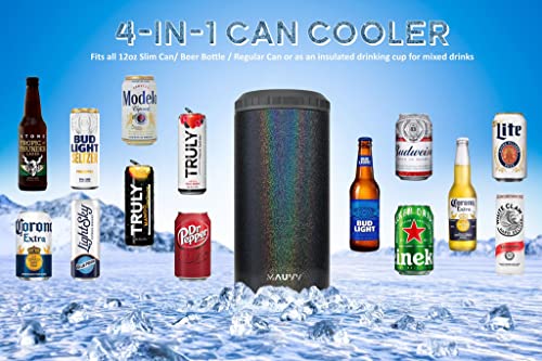 4 in 1 Insulated Slim Can Cooler with lid for 12 Oz Tall Skinny Can, Regular Can, Beer Bottle - Stainless Steel Double Walled Can Insulator Beer Coozy for Cans Koozie Coozies (Glitzy Black)
