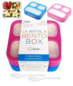 bento box for kids, toddler lunch-box for small boys girls in school, pre-school or daycare, leakproof 3 compartment containers for portion control snacks for adults, bpa free. medium blue pink 2 pack