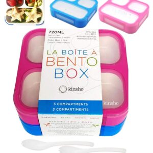 Bento Box for Kids, Toddler Lunch-Box for Small Boys Girls in School, Pre-School or Daycare, Leakproof 3 Compartment Containers for Portion Control Snacks for Adults, BPA Free. Medium Blue Pink 2 pack