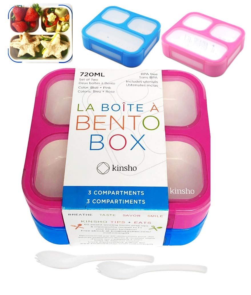 Bento Box for Kids, Toddler Lunch-Box for Small Boys Girls in School, Pre-School or Daycare, Leakproof 3 Compartment Containers for Portion Control Snacks for Adults, BPA Free. Medium Blue Pink 2 pack