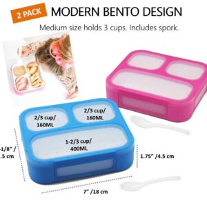 Bento Box for Kids, Toddler Lunch-Box for Small Boys Girls in School, Pre-School or Daycare, Leakproof 3 Compartment Containers for Portion Control Snacks for Adults, BPA Free. Medium Blue Pink 2 pack