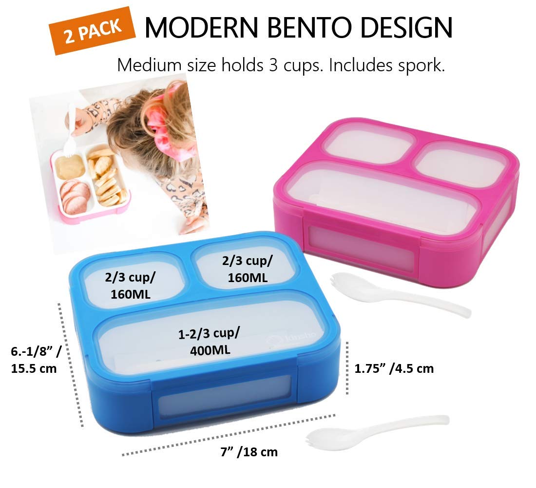 Bento Box for Kids, Toddler Lunch-Box for Small Boys Girls in School, Pre-School or Daycare, Leakproof 3 Compartment Containers for Portion Control Snacks for Adults, BPA Free. Medium Blue Pink 2 pack