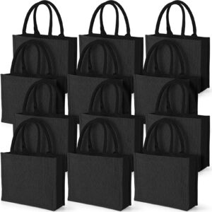 12 packs burlap tote bags black jute tote gift bags burlap bags with handles blank reusable shopping tote kitchen reusable grocery bags for wedding bridesmaid market beach diy, 12.2 x 3.94 x 9.84 inch