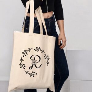 TBF Personalized Initial Canvas Tote Bag, Sturdy Gift Tote Bags for Women (R)