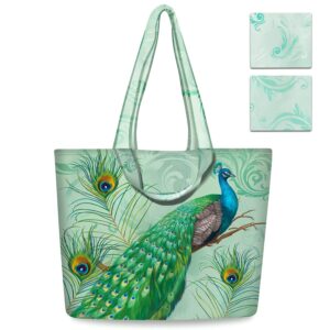 nymphfable 2 pack tote bag reusable peacock green shopping bags washable foldable polyester grocery bags