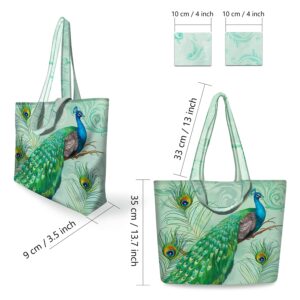 NymphFable 2 Pack Tote Bag Reusable Peacock Green Shopping Bags Washable Foldable Polyester Grocery Bags