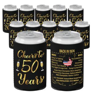 xumbtvs 50th birthday decorations for women and men, vintage 1974 birthday decor, fifty year old birthday party supplies, 12 pcs neoprene can cooler sleeves for soda, beer, beverage