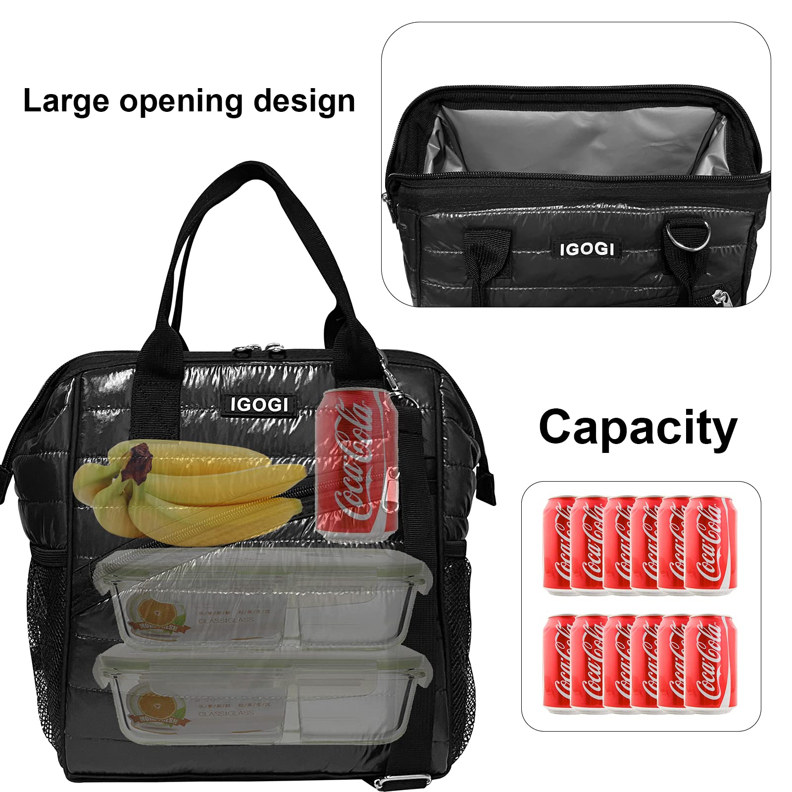 Lunch Bag with Leak Proof Material, Insulated Lunch Box for women/men, Tote Cooler Bag for Work/Picnic/Hiking/Beach/Fishing (Quilted Black)