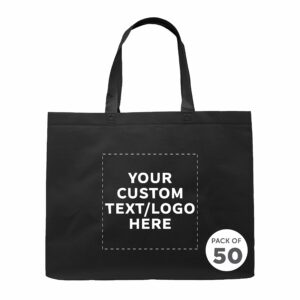 discount promos custom jumbo sized tote bags set of 50, personalized bulk pack - reusable grocery bags, shopping bags, promotional item totes for women - black