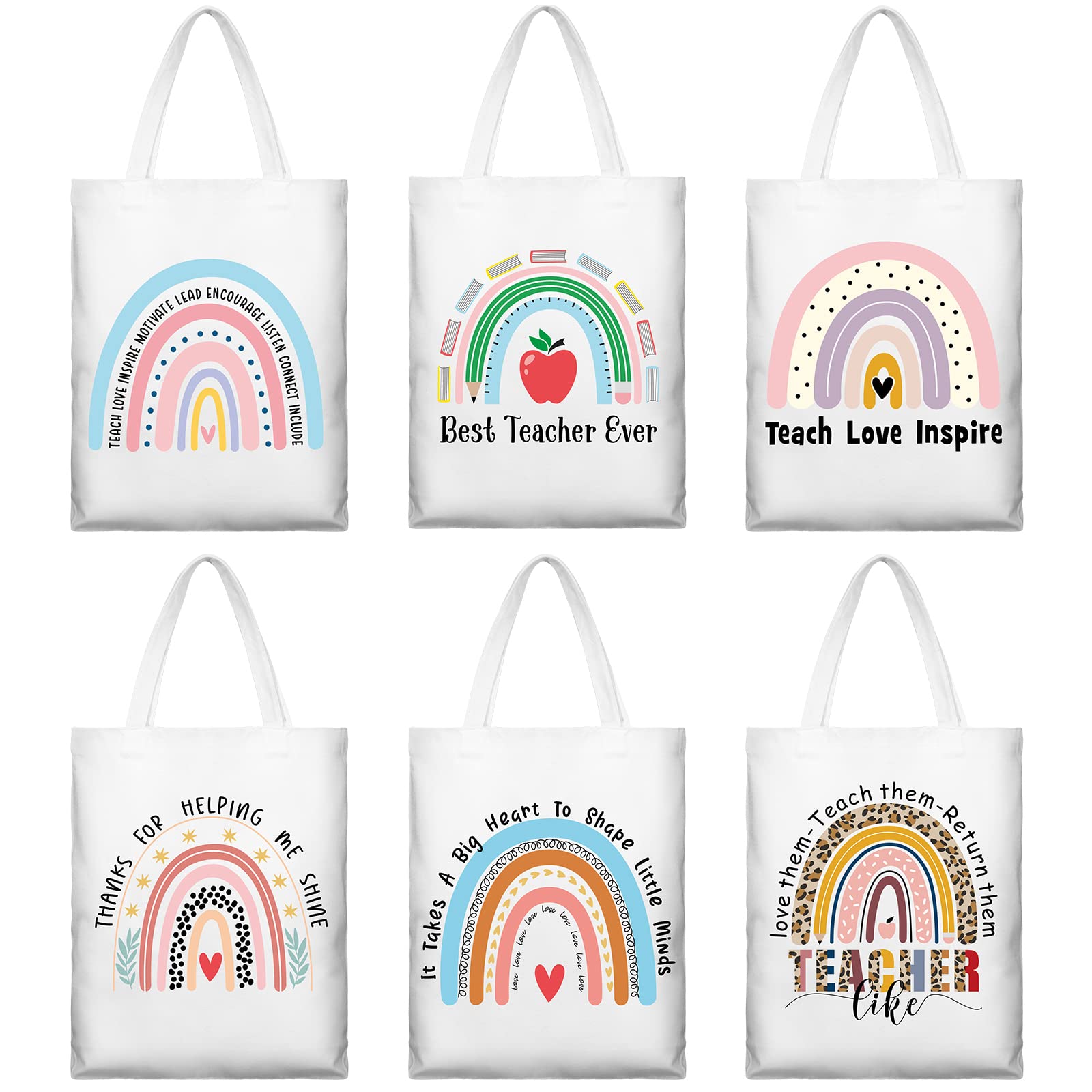 Sumind 6 Pcs Teacher Appreciation Gift Canvas Teacher Tote Bags Thank You Gift for Women Reusable Rainbow Bags(Elegant Style)