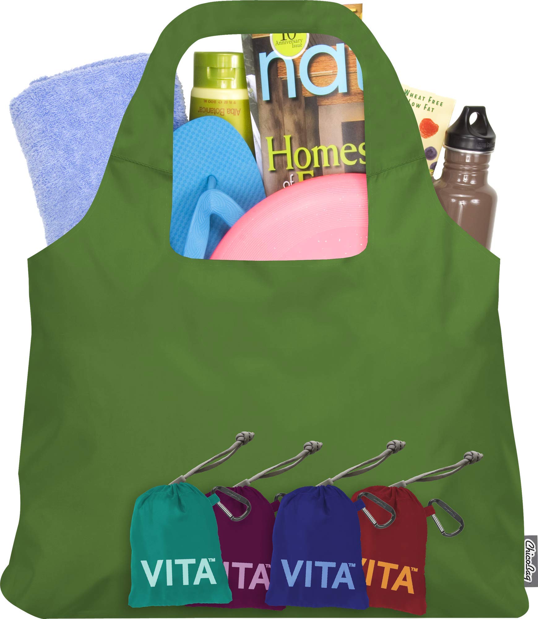 ChicoBag VITA Reusable Shopping Bag with Attached Pouch and Carabiner Clip, Compact, Designer Shoulder Tote, Pale Green