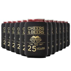 cheers & beers to 25 years can coolers 25th birthday party coolies, set of 12, black and gold can coolers, perfect for birthday parties, birthday decorations