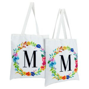 okuna outpost set of 2 reusable monogram letter m personalized canvas tote bags for women, floral design (29 inches)