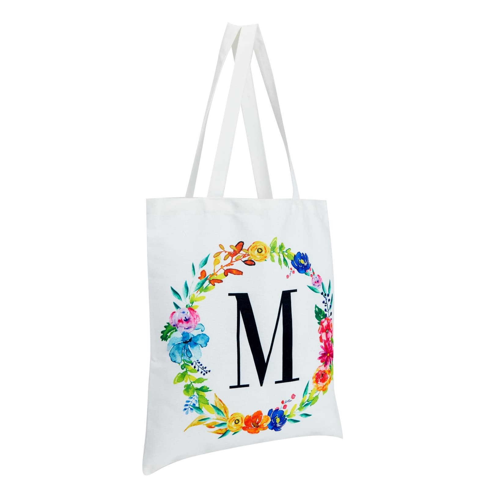 Okuna Outpost Set of 2 Reusable Monogram Letter M Personalized Canvas Tote Bags for Women, Floral Design (29 Inches)