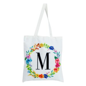 Okuna Outpost Set of 2 Reusable Monogram Letter M Personalized Canvas Tote Bags for Women, Floral Design (29 Inches)