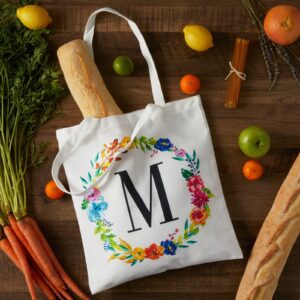 Okuna Outpost Set of 2 Reusable Monogram Letter M Personalized Canvas Tote Bags for Women, Floral Design (29 Inches)
