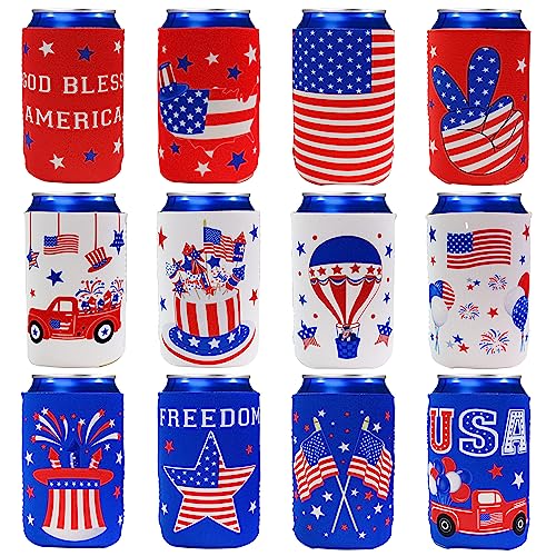 Tifeson 4th of July Decorations Outdoor, Patriotic Party Favors Supplies July 4th Decorations for Outside - 12 PACK USA Patriotic Koozies Insulated Covers Beer Can Cooler Sleeves for Independence Day