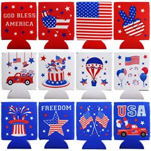 Tifeson 4th of July Decorations Outdoor, Patriotic Party Favors Supplies July 4th Decorations for Outside - 12 PACK USA Patriotic Koozies Insulated Covers Beer Can Cooler Sleeves for Independence Day